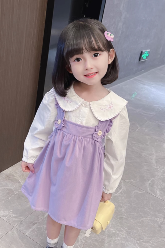女童春秋季长袖条绒背带裙套装女宝宝公主风韩版裙子两件套秋装潮