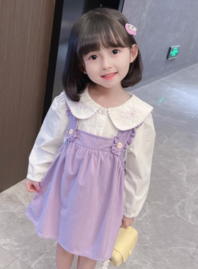 女童春秋季长袖条绒背带裙套装女宝宝公主风韩版裙子两件套秋装潮