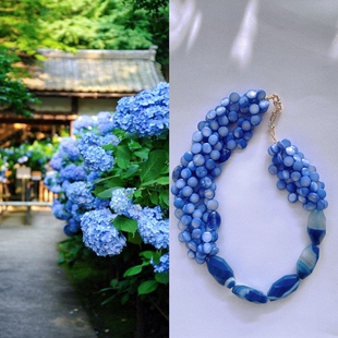 原创 蓝玛瑙宝石贝串珠多层叠戴项链颈链 monies复古小众设计