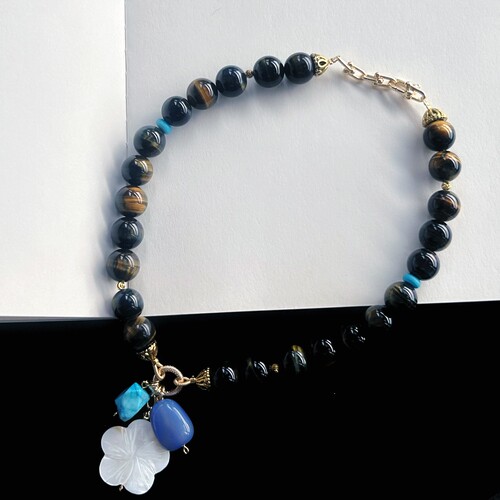 天然蓝绿+黄虎眼石混搭项链颈链