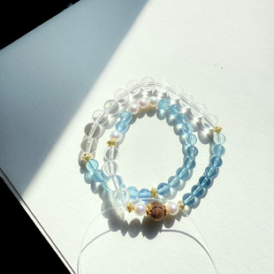 天然高冰透玻璃体海蓝宝双A净体白水晶珍珠沉香双圈手串 五行金水