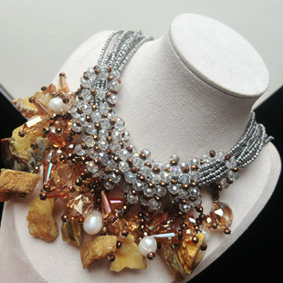 中古vintage 琉璃米珠天然晶簇原石项链颈链monies风出口欧美外贸