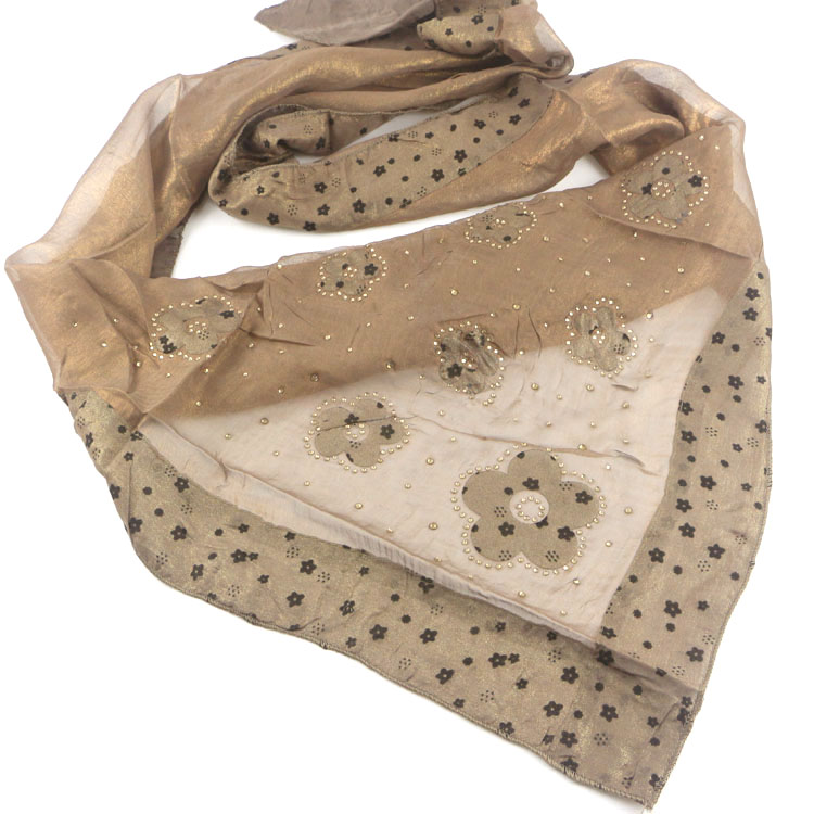 金银光雪纺披肩烫钻花朵丝巾植绒印花拼接超大版三角形围巾头巾