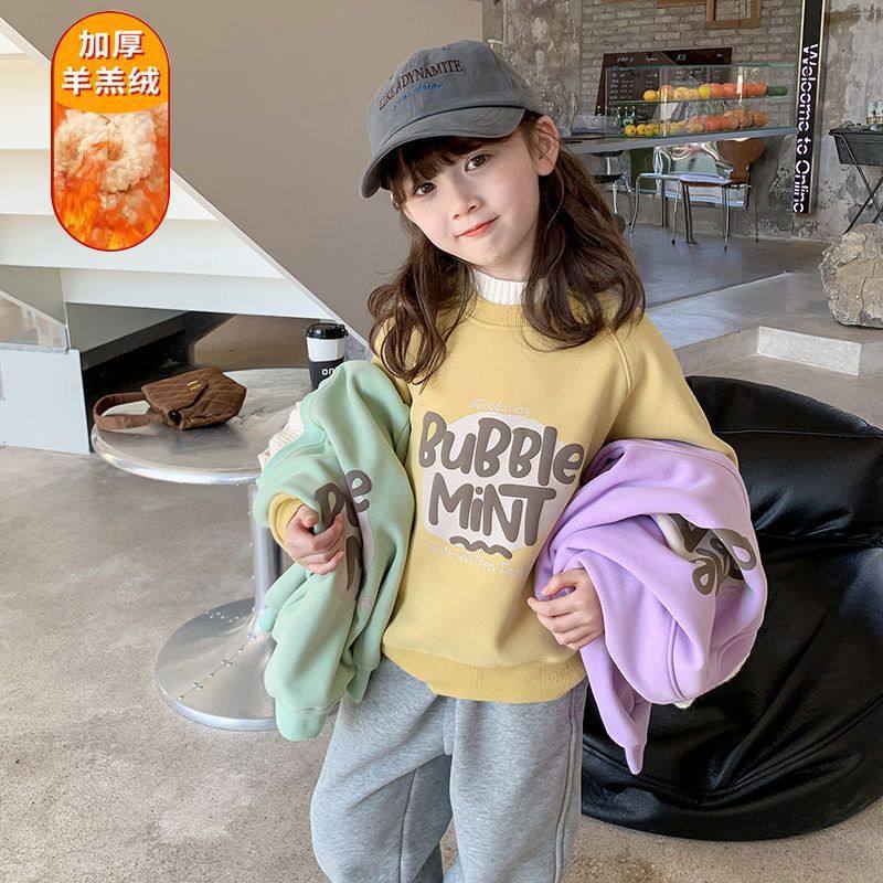 女童加绒卫衣冬装新款儿童网红时髦洋气打底女孩假两件半高领上衣