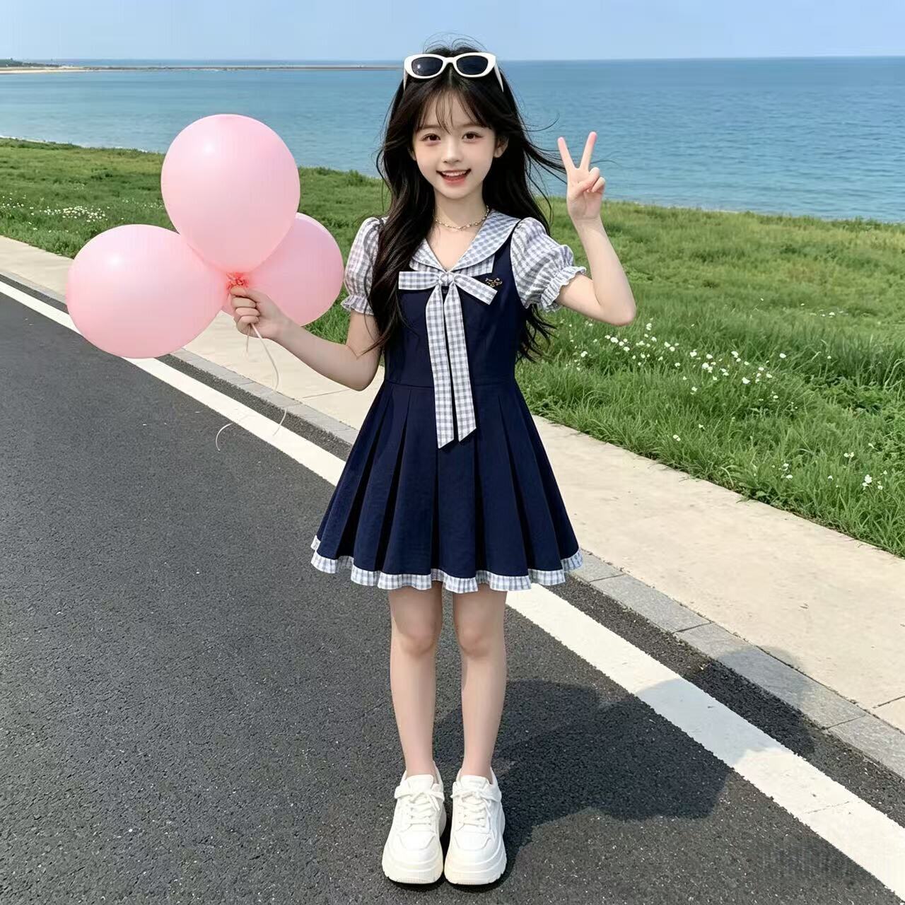 学院风藏青色假两件格纹蝴蝶结连衣裙儿童夏季韩系修身收腰A字裙