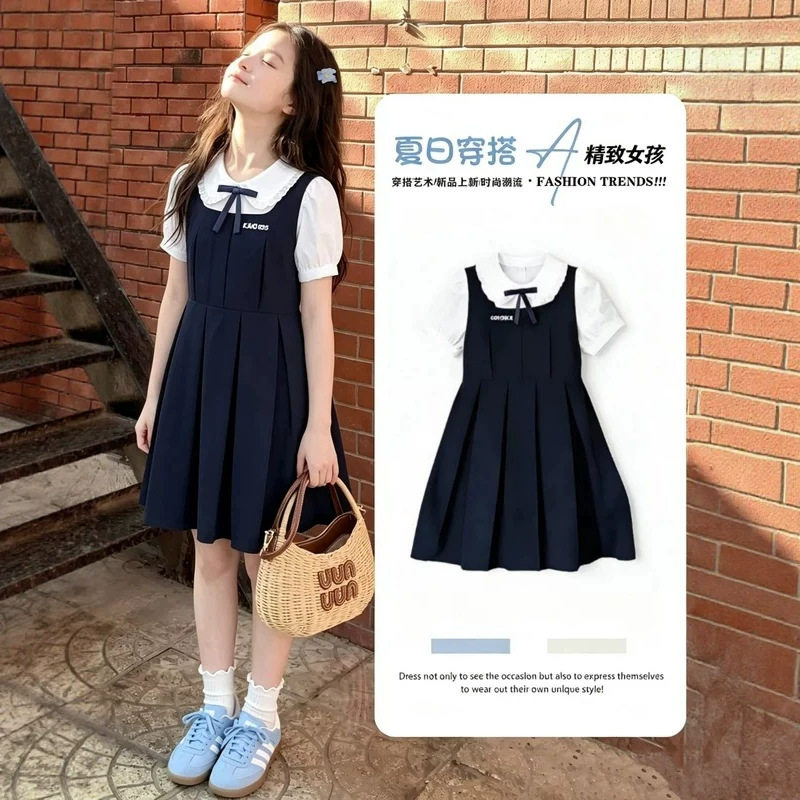 夏季女童连衣裙儿童学院风蝴蝶结假两件中大童学生装甜美百搭裙子
