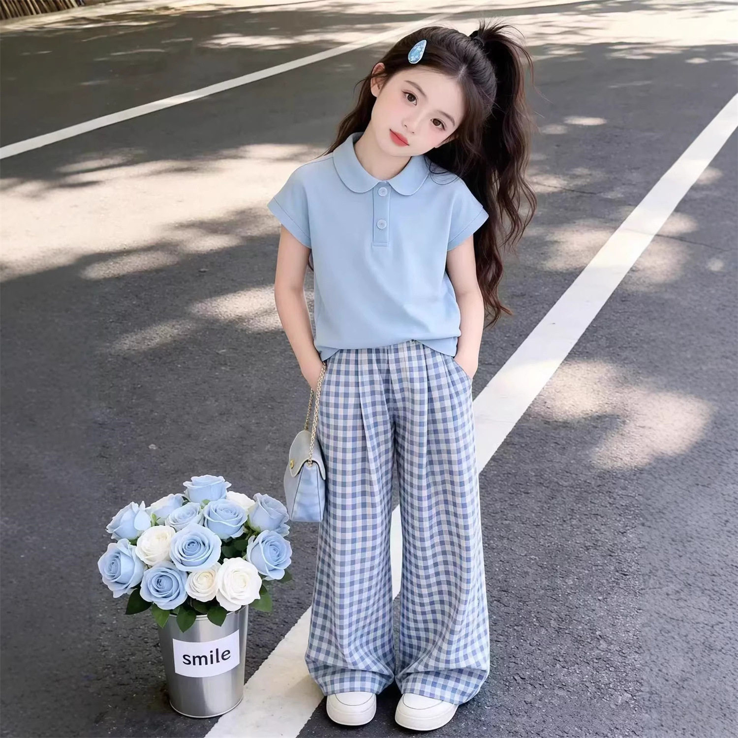 女童休闲套装夏季polo衫短袖T恤上衣漂亮洋气格子裤两件套潮童装