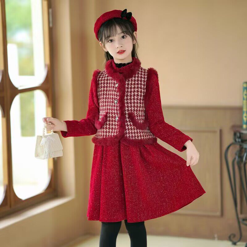 女童连衣裙秋冬装洋气套装时尚拜年服红色马甲裙喜庆新年两件套装