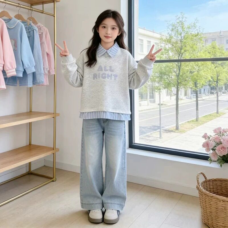 女童春装宽松卫衣新款洋气12岁女孩衣服时髦儿童春秋款上衣假两件