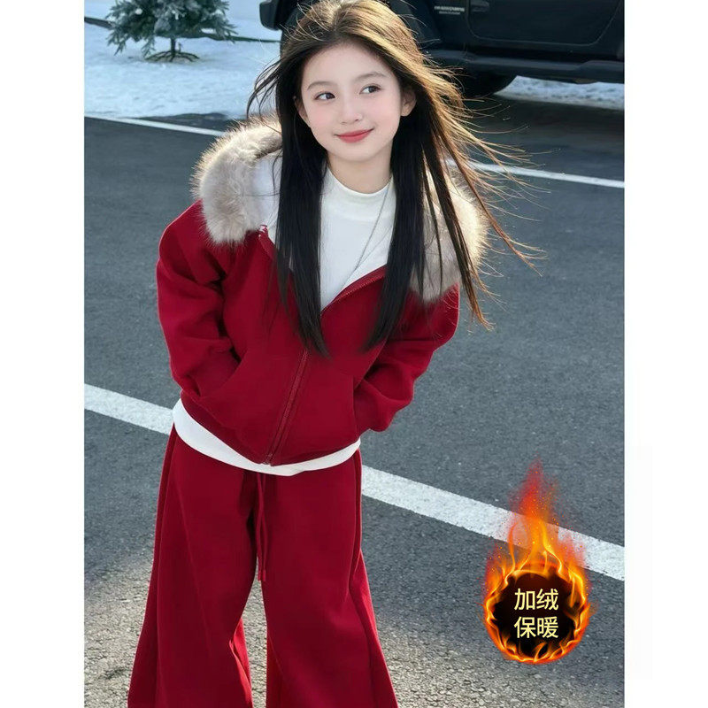 过年服女童韩系穿搭套装冬季儿童新年服装洋气红色本命年衣服潮流
