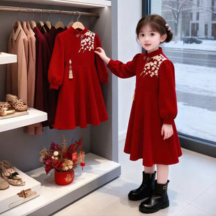 中大童拜年服礼裙加绒秋冬季女孩新款时尚女童中式喜庆红色连衣裙