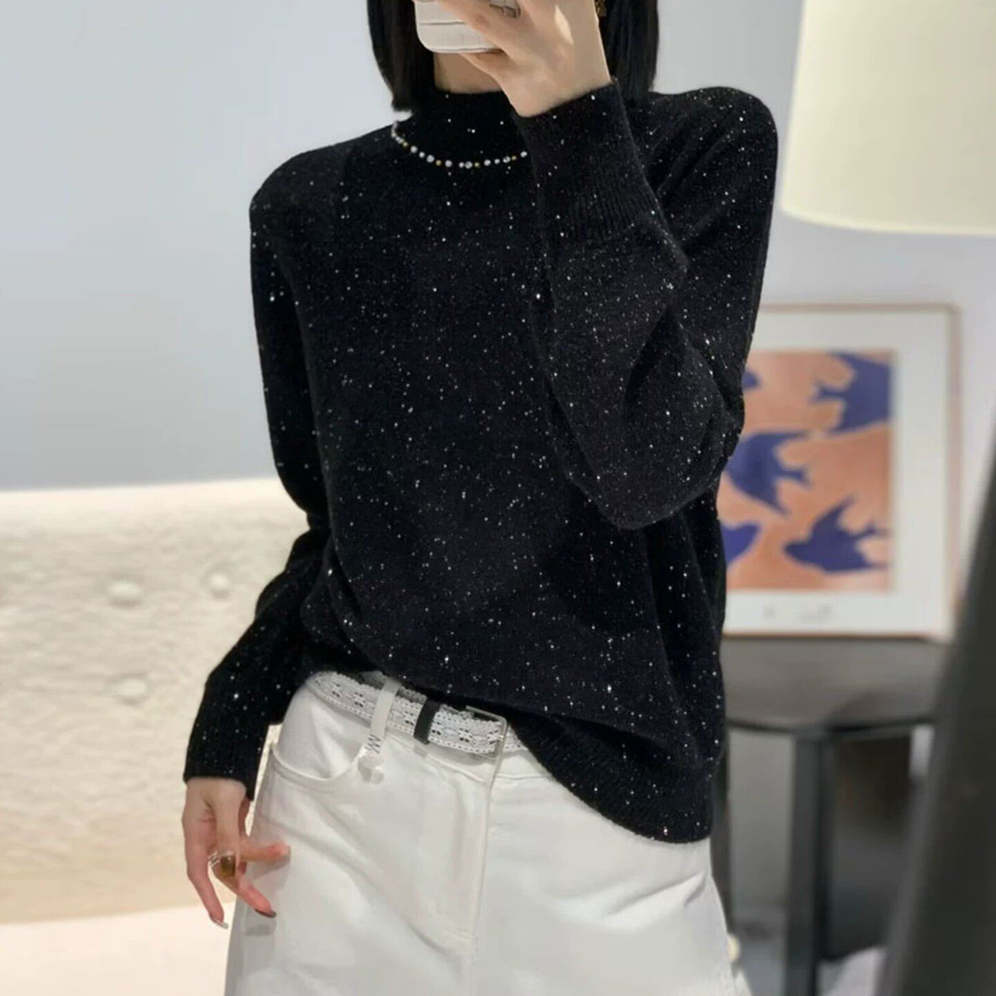 钉珠镶钻半高领亮片打底毛衣女秋冬新款宽松显瘦针织衫百搭上衣