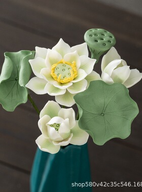 禅意荷花手工陶瓷荷叶莲蓬手捏永生花家居装饰花插花艺摆件