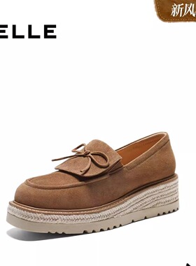 百丽复古绒面乐福鞋女2026春季新款厚底渔夫鞋通勤单鞋F2F1DAA6