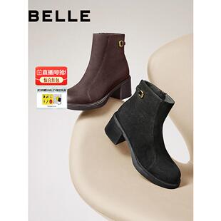 靴E4X1DDD5预 优雅时装 百丽复古加绒羊皮高跟短靴子女鞋 冬新商场款