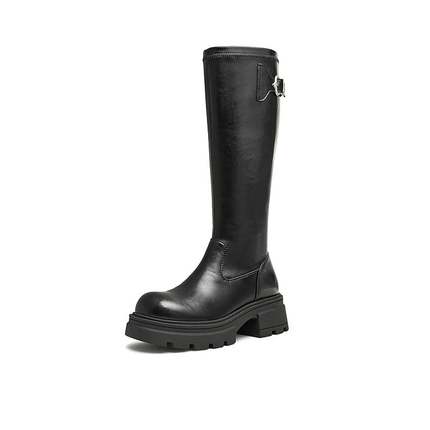 天美意复古厚底骑士靴长靴女时装高筒皮靴2024冬新款KTX15DG4