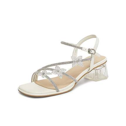 TATA他她法式气质粗跟凉鞋女鞋闪钻一字带凉鞋2025夏新款XQC01BL5