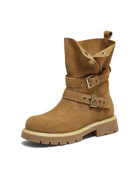 TATA他她西部靴女秋套筒大黄靴子堆堆靴时装中筒靴短靴CF501DZ5预