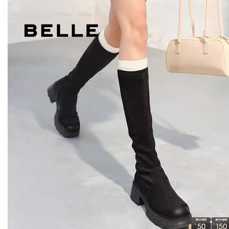 百丽加绒高长骑士弹力靴长筒靴