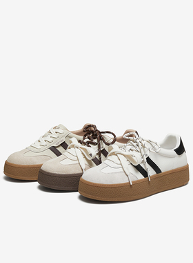 百思图2025秋季新款真皮复古厚底增高德训鞋运动女休闲鞋D3378CM5