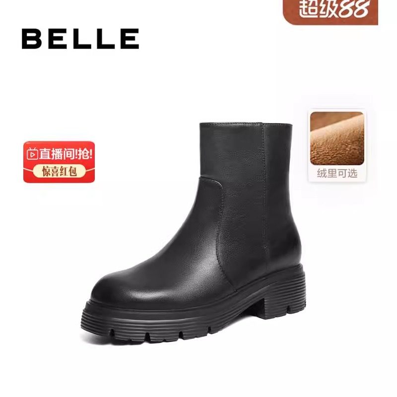 百丽绒里黑色厚底时装靴