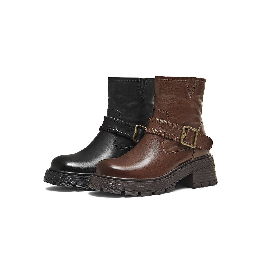 天美意25冬复古厚底西部靴时装靴女鞋子休闲短靴皮靴KNZ17DZ5