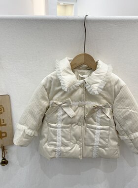 幼米冬款女童装蕾丝花边蝴蝶结90白鸭绒羽绒服小童品牌