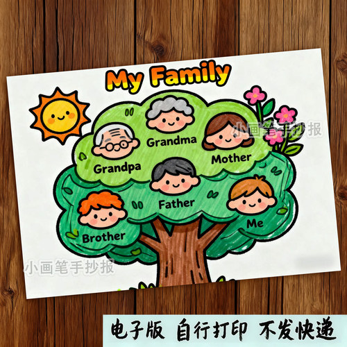 Family tree家庭树英语手抄报My famliy小报绘画线稿