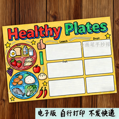 Healthy plates健康餐盘手抄报电子线稿三下英语第四单元健康饮食