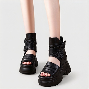 2026夏新款真皮女鞋头层牛皮厚底超高跟鱼嘴凉鞋厚底增高镂空短靴