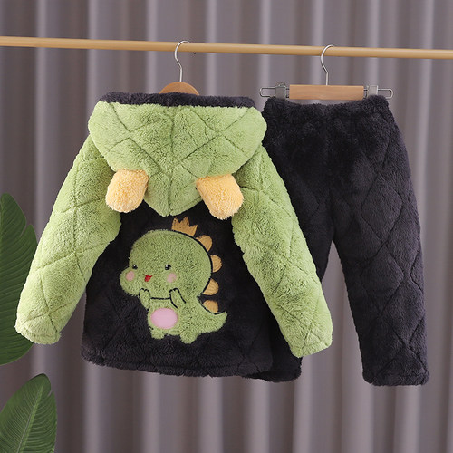 冬季恐龙儿童睡衣男童法兰绒夹棉中大童家居服女童珊瑚绒加厚款套