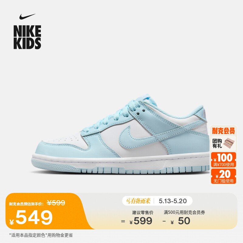 耐克大童平底运动鞋夏季男女童低帮抓地耐穿板鞋NIKE DUNK FB9109