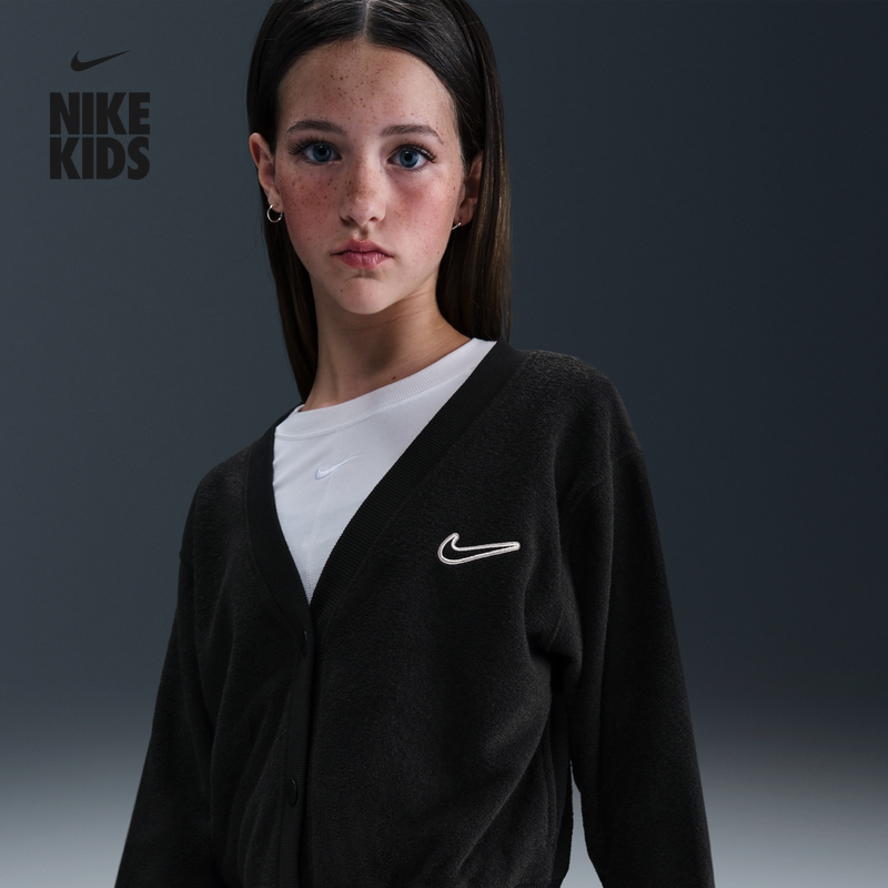 耐克大童超宽松长袖开衫冬季新款女童加绒拼接叠搭NIKE HV0406