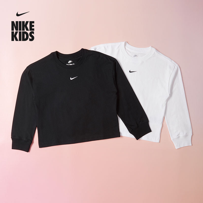 耐克勾勾大童宽松长袖T恤冬季男女童纯棉刺绣柔软NIKE FZ5535