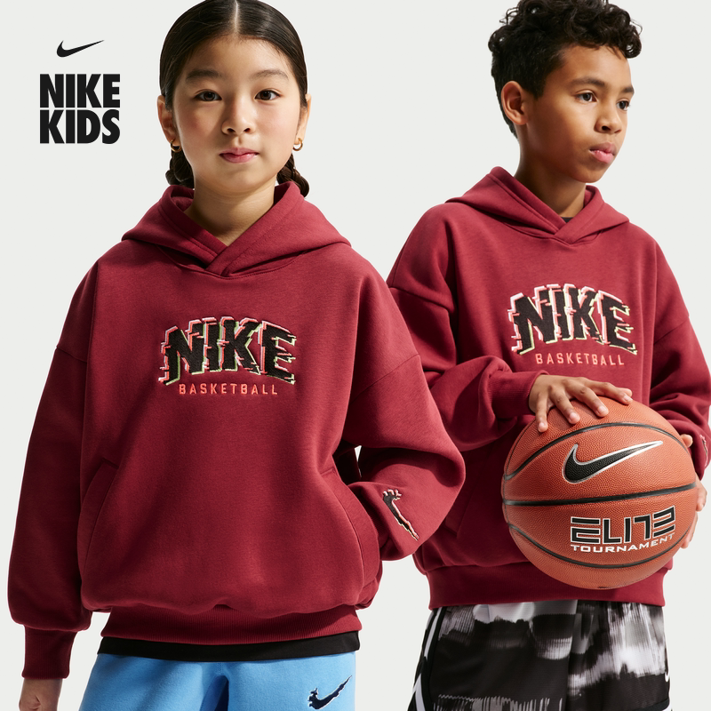 耐克电玩闪码系列大童加绒卫衣春季男女童套头连帽衫NIKE HV0508