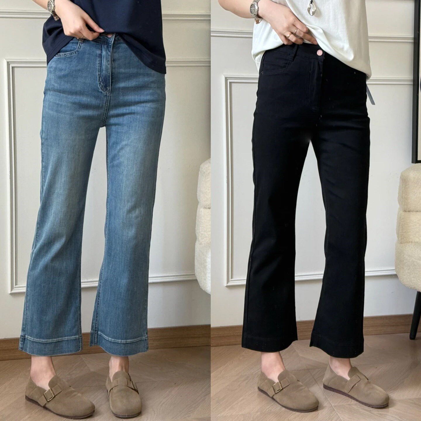 GULIBERRY蓝色微喇牛仔裤女新款大码胖mm高腰显瘦四面弹喇叭裤