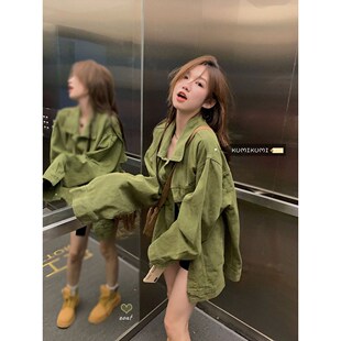 夹克开衫 胖妹妹中长款 上衣 宽松绿色牛仔外套女大码 GULIBERRY长袖