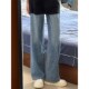 胖妹妹mm高腰宽松显瘦阔腿裤 GULIBERRY复古蓝直筒牛仔裤 女春季