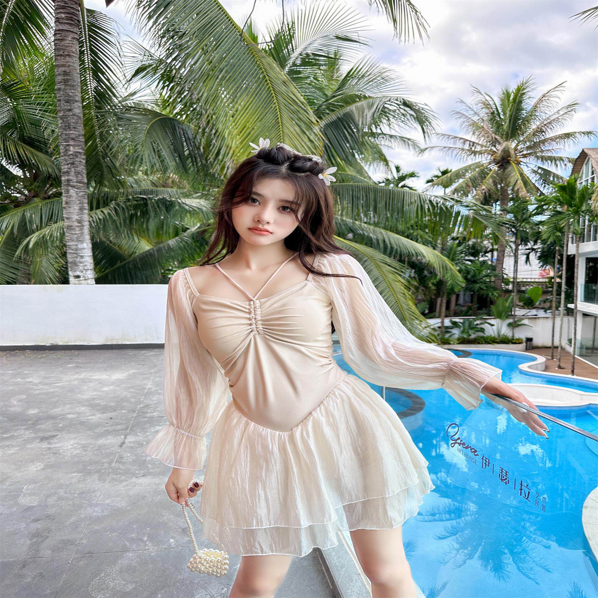 游泳衣2023年新款女泡温泉连体长袖女款微胖女孩网红风泳装仙气