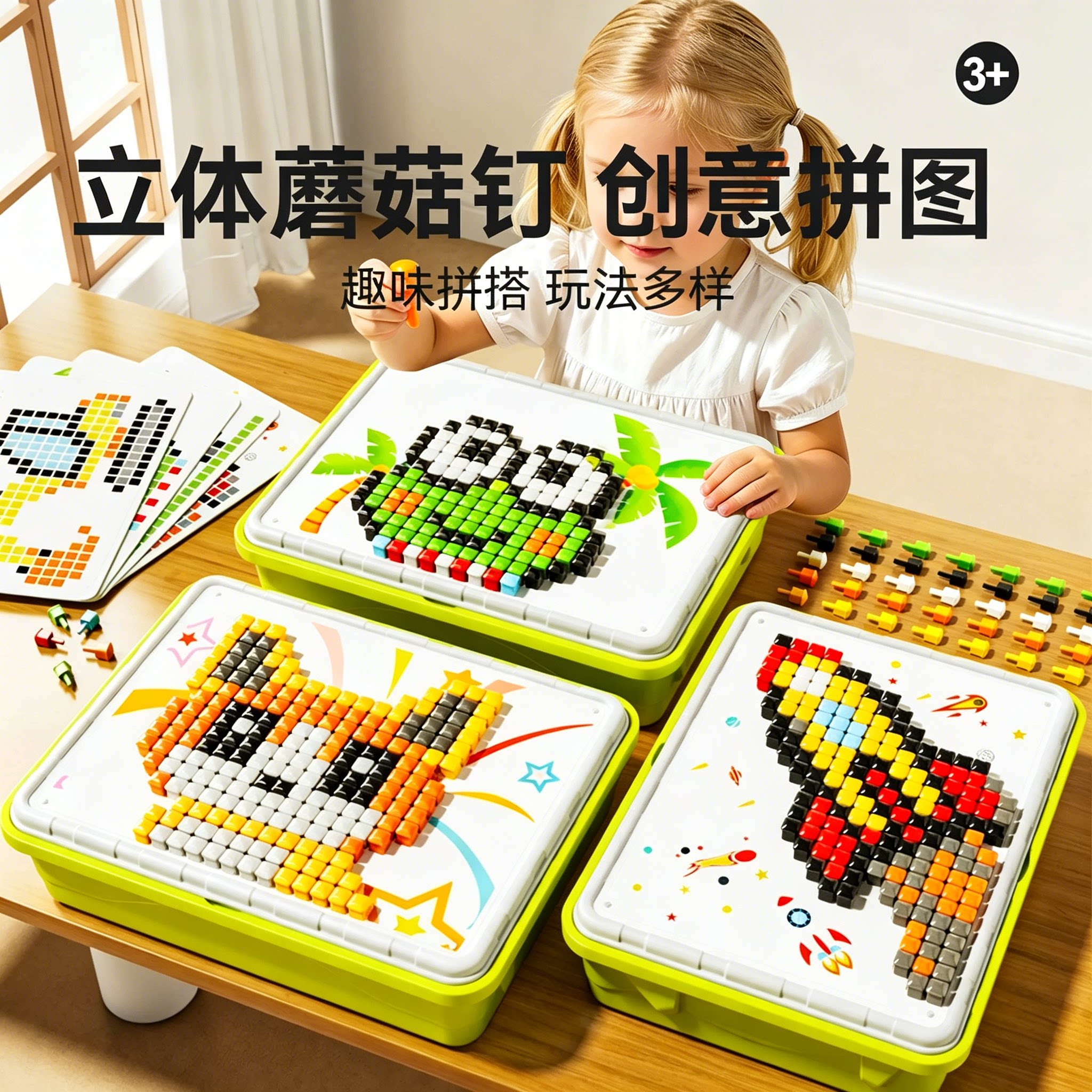 蘑菇钉益智儿童玩具3d立体大颗粒早教趣拼图百变积木男女孩专注力