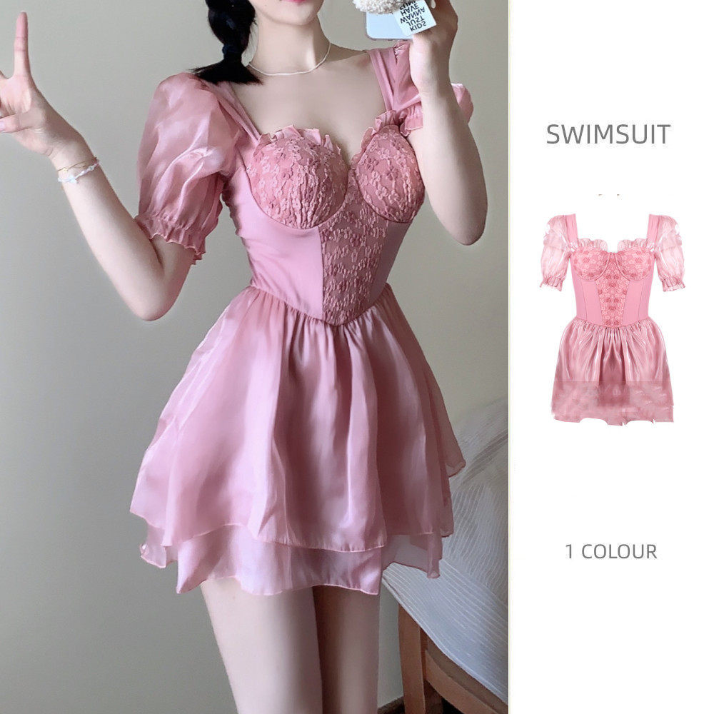2023粉色蕾丝钢托聚拢显瘦保守高腰遮肚裙式连体泳衣女温泉度假