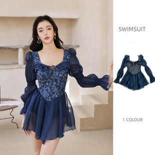 仙气 显瘦遮肚泡温泉泳装 泳衣女裙式 连体显瘦高级感复古女神长袖