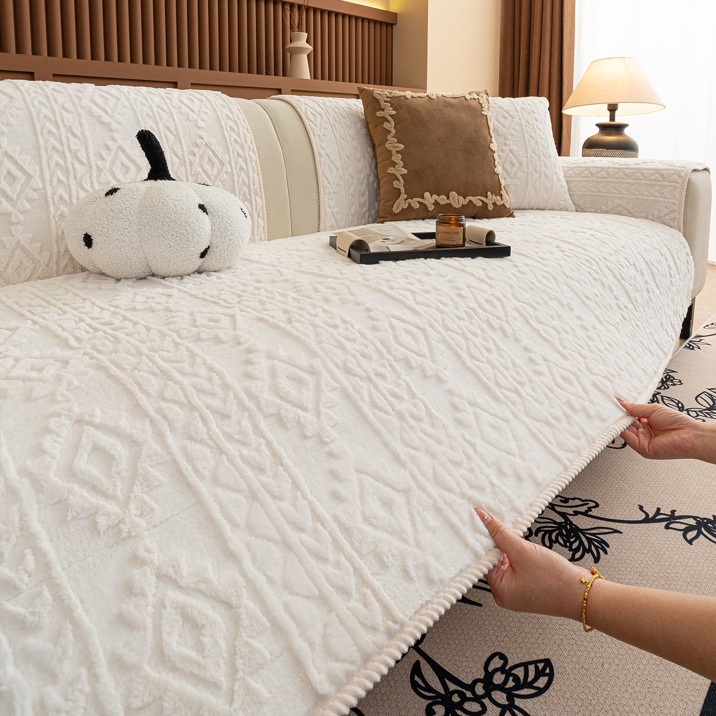 秋冬季加厚兔毛绒沙发垫2026年新款一片式直排防滑皮沙发套罩