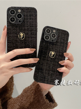 黑色编织纹绒布金属玫瑰oppo RENO10/9/8/7/6/5手机壳A1高级感pro简约A57小香风A58x全包A72女A93s软A96/A97