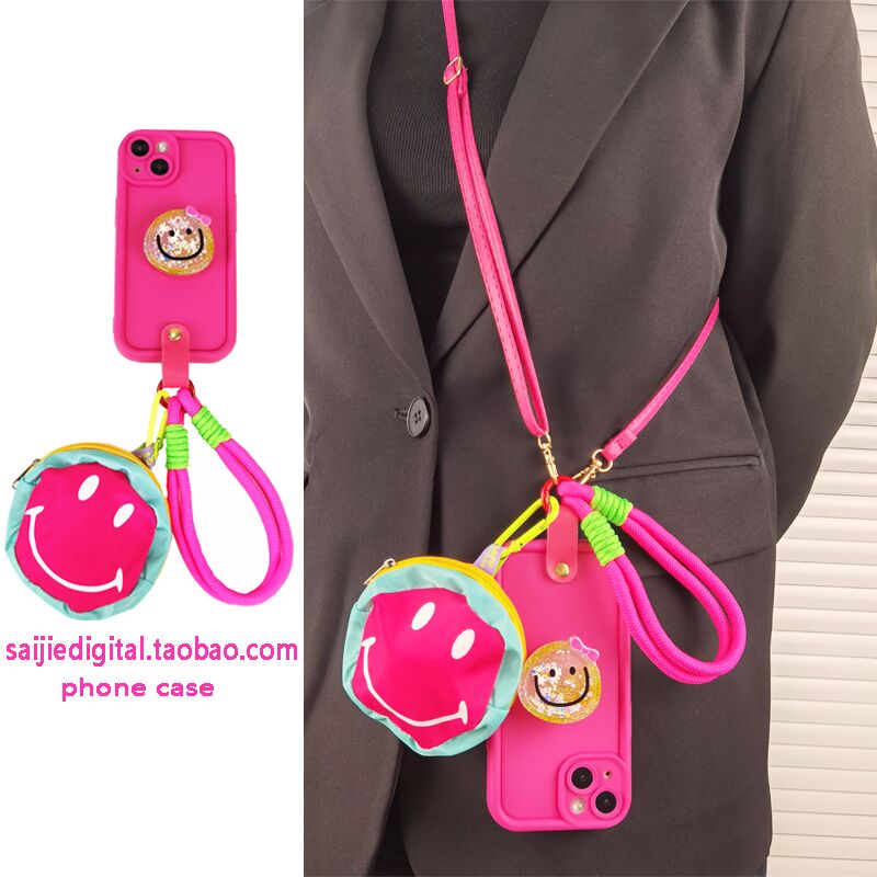 玫红笑脸支架小书包斜挎挂绳vivo IQOO12/11/10/9/8/7手机壳Pro背带neo/9/8/7/6/5/3女款z7软z8x网红z5手腕带