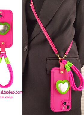 玫红芥末绿爱心补妆镜支架oppo RENO11/10/9/8/7/6/5手机壳Pro挂绳A58x女A1/A2斜挎A72背带A93s/A55手提式K9