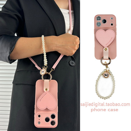 粉色皮质爱心支架适用oppo RENO15/14/13/12/11/10/9/8/7/6/5手机壳pro珍珠手链findx9斜挎挂绳x8新品个性女X