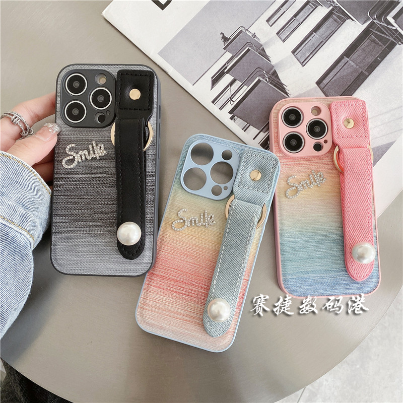 渐变皮纹珍珠腕带适用iPhone14/15手机壳苹果11/12/13pro max高级感x/xs新款xr时尚14pro女