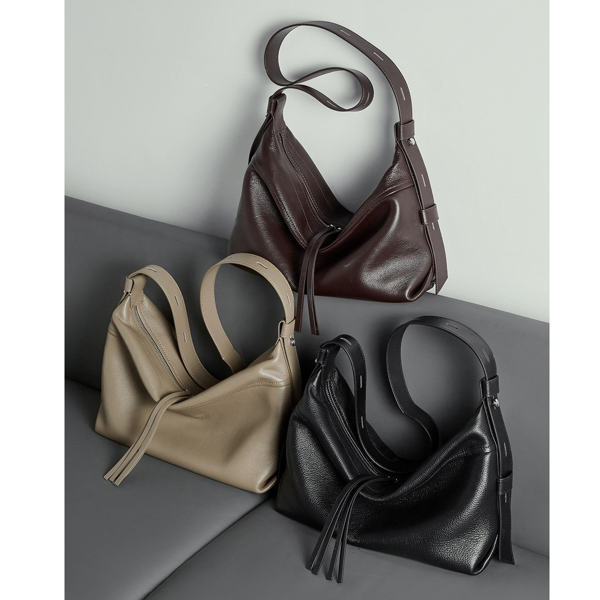 慵懒hobobag柔软头层牛皮斜跨托特包大容量真皮单肩法棍包宽带