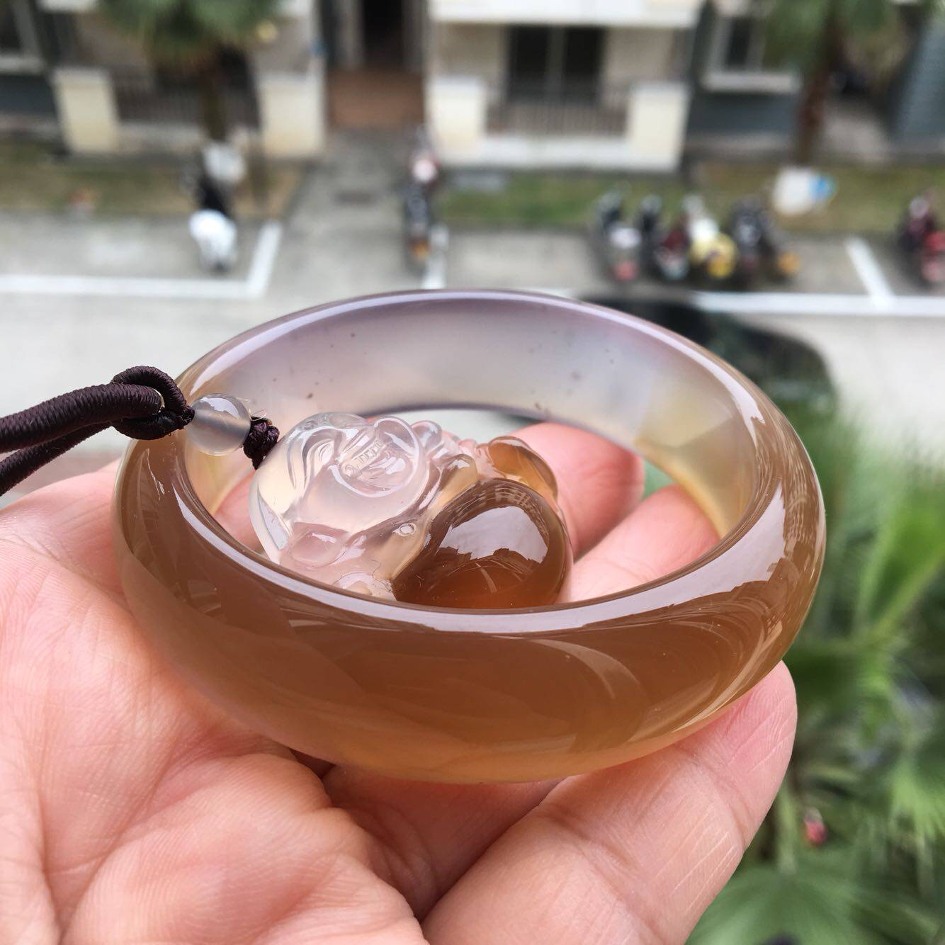 精美套装巴西天然半蜜半灰紫水草玛瑙手镯弥勒佛吊坠高档收藏礼1